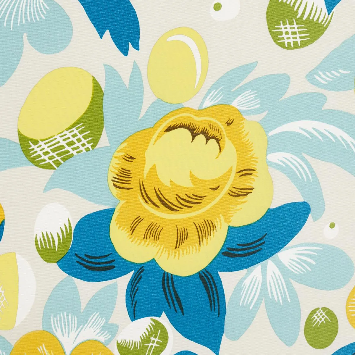 Schumacher 177532 Juin Citron & Peacock fabric swatch