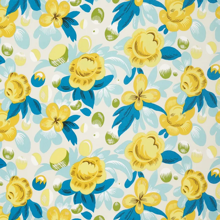 Schumacher 177532 Juin Citron & Peacock fabric swatch