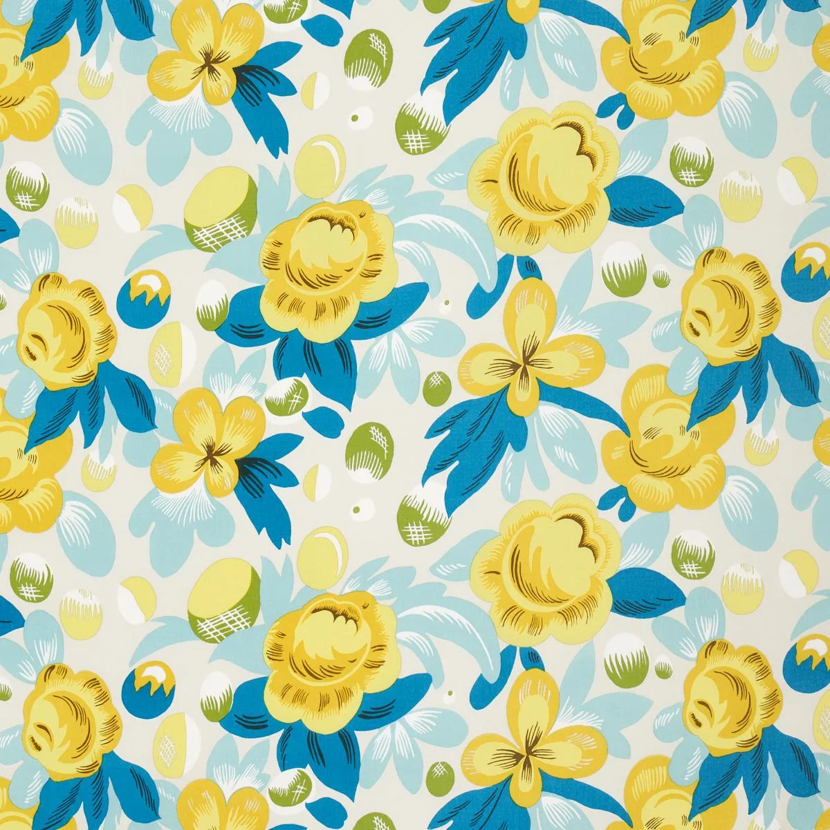 Schumacher 177532 Juin Citron & Peacock fabric swatch