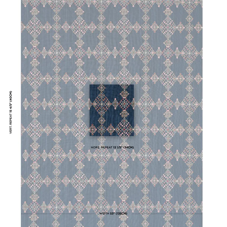 Schumacher 82081 Kalindi Embroidery Indigo fabric swatch