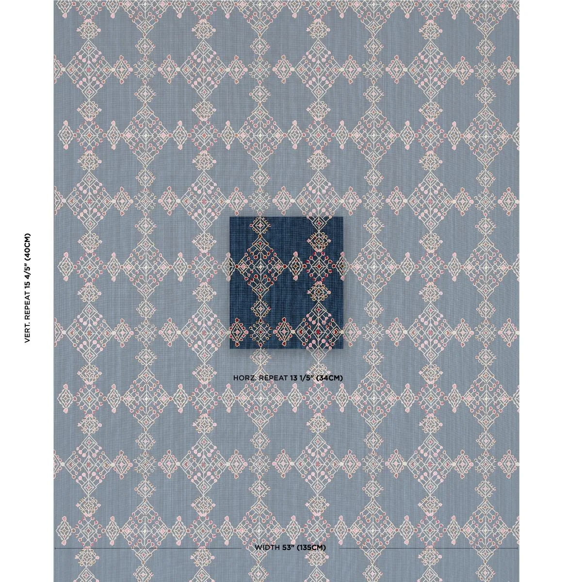 Schumacher 82081 Kalindi Embroidery Indigo fabric swatch