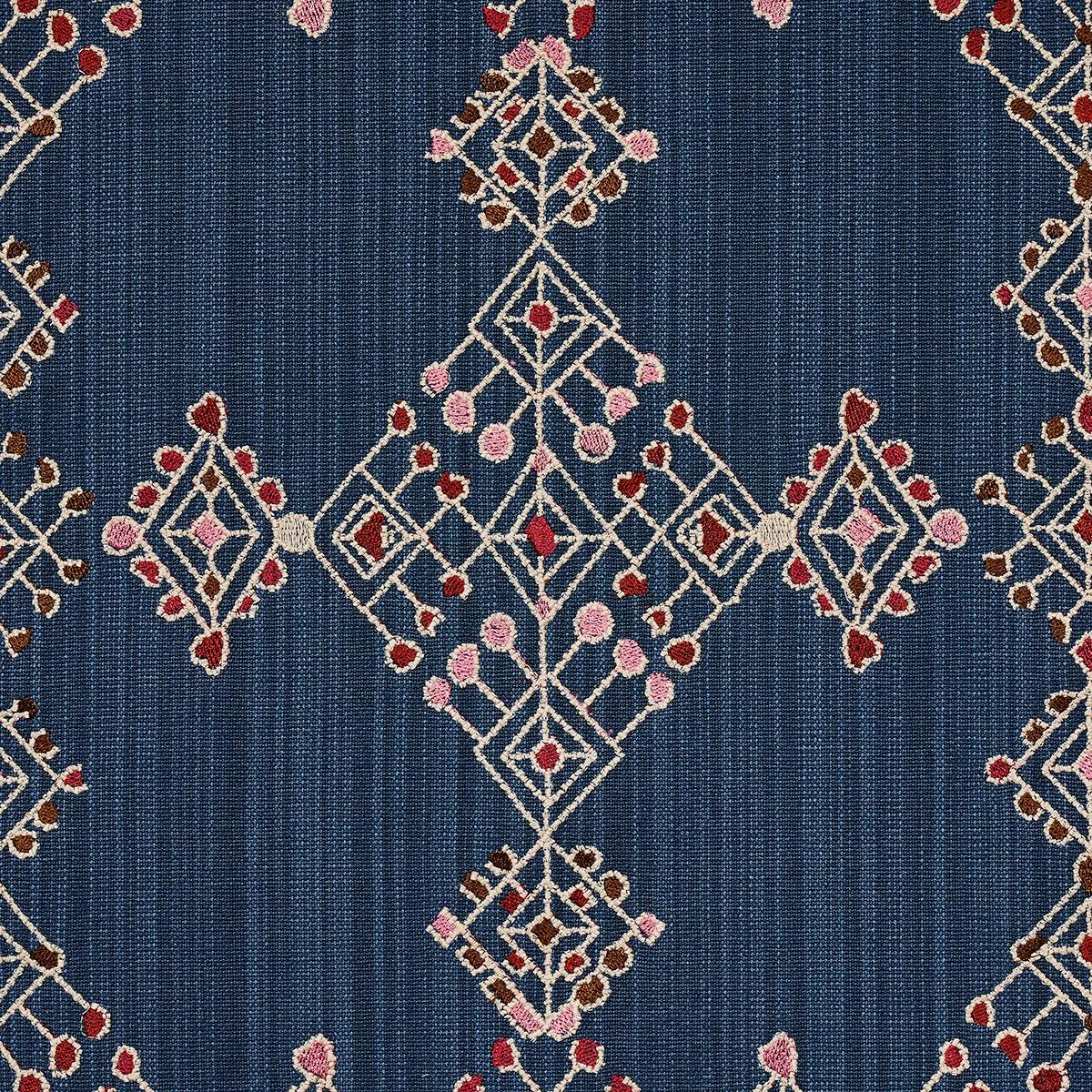 Schumacher 82081 Kalindi Embroidery Indigo fabric swatch