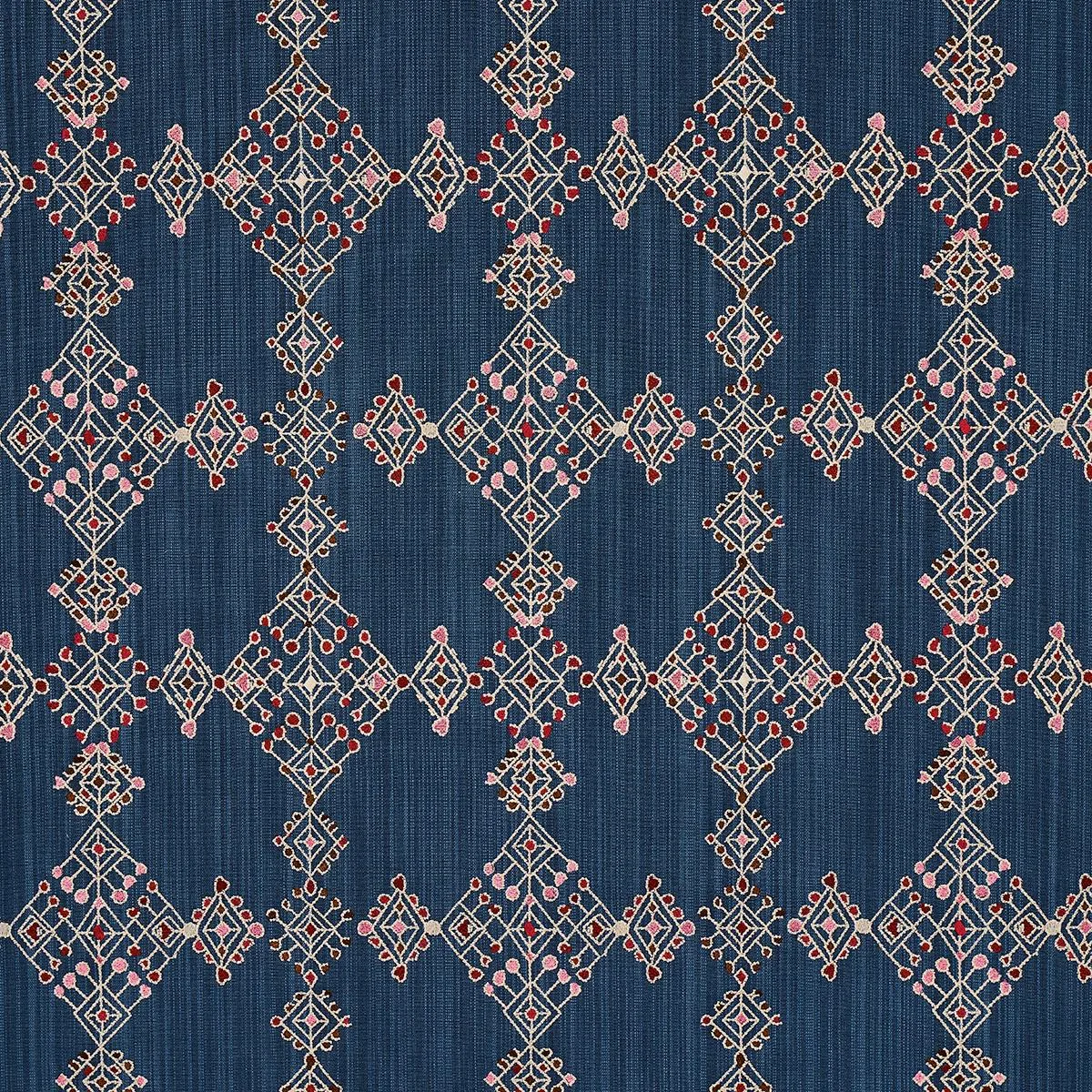 Schumacher 82081 Kalindi Embroidery Indigo fabric swatch