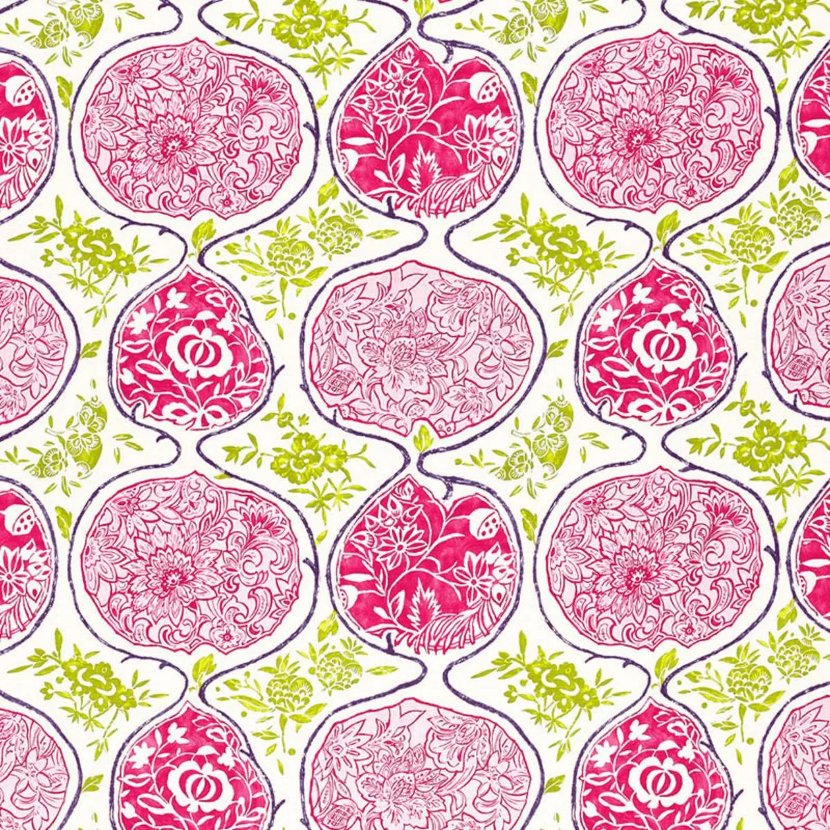 Schumacher 2620937 Katsugi Fuchsia & Chartreuse fabric swatch