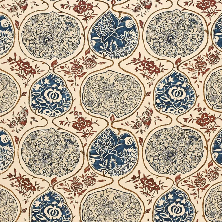 Schumacher 2620931 Katsugi Indigo & Cinnabar fabric swatch