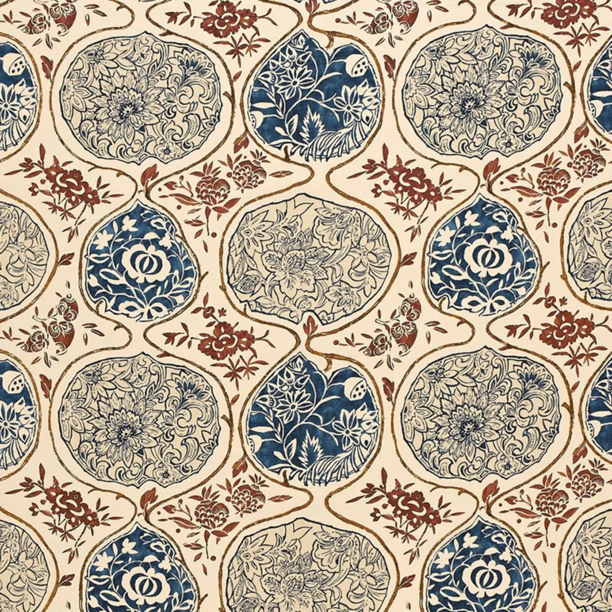 Schumacher 2620931 Katsugi Indigo & Cinnabar fabric swatch