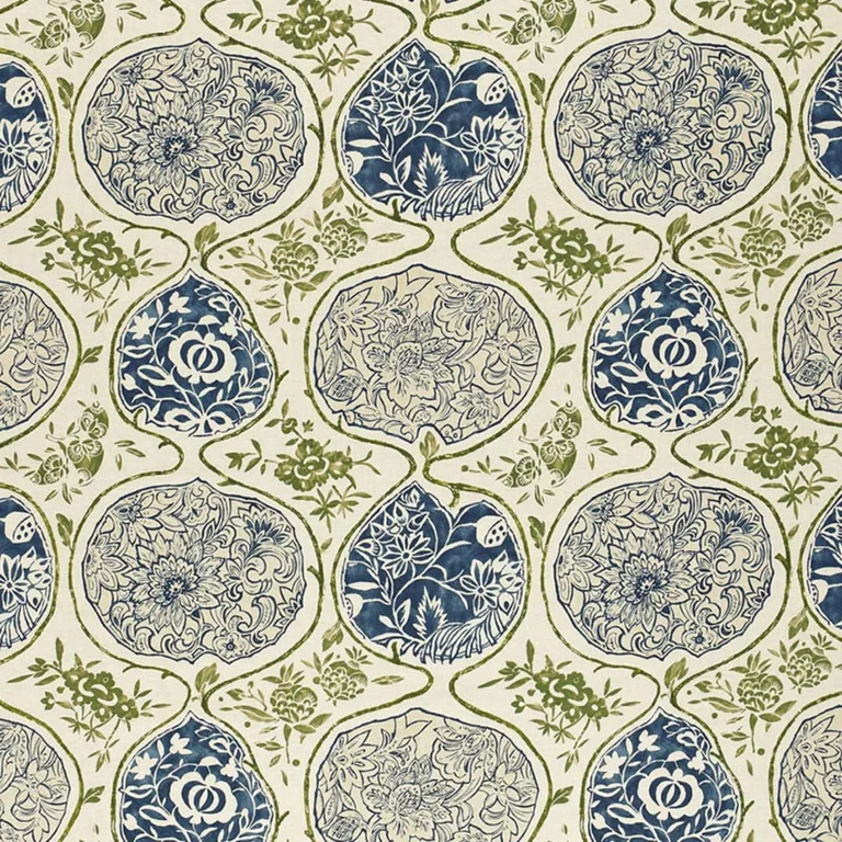 Schumacher 2620932 Katsugi Indigo & Green fabric swatch
