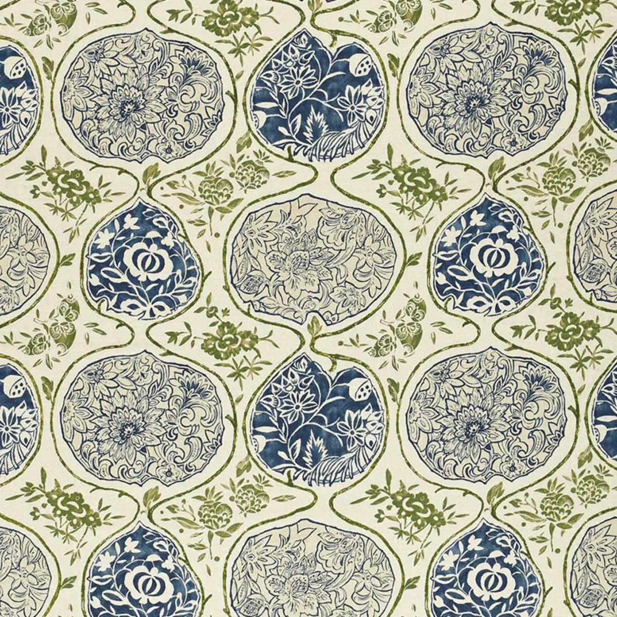 Schumacher 2620932 Katsugi Indigo & Green fabric swatch
