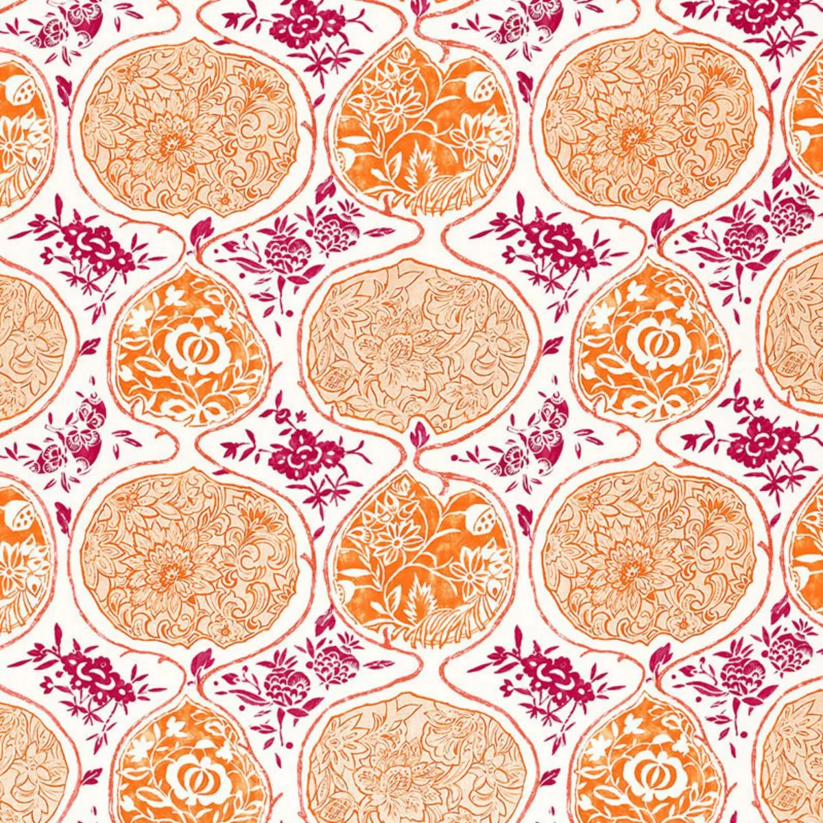 Schumacher 2620936 Katsugi Tangerine & Berry fabric swatch