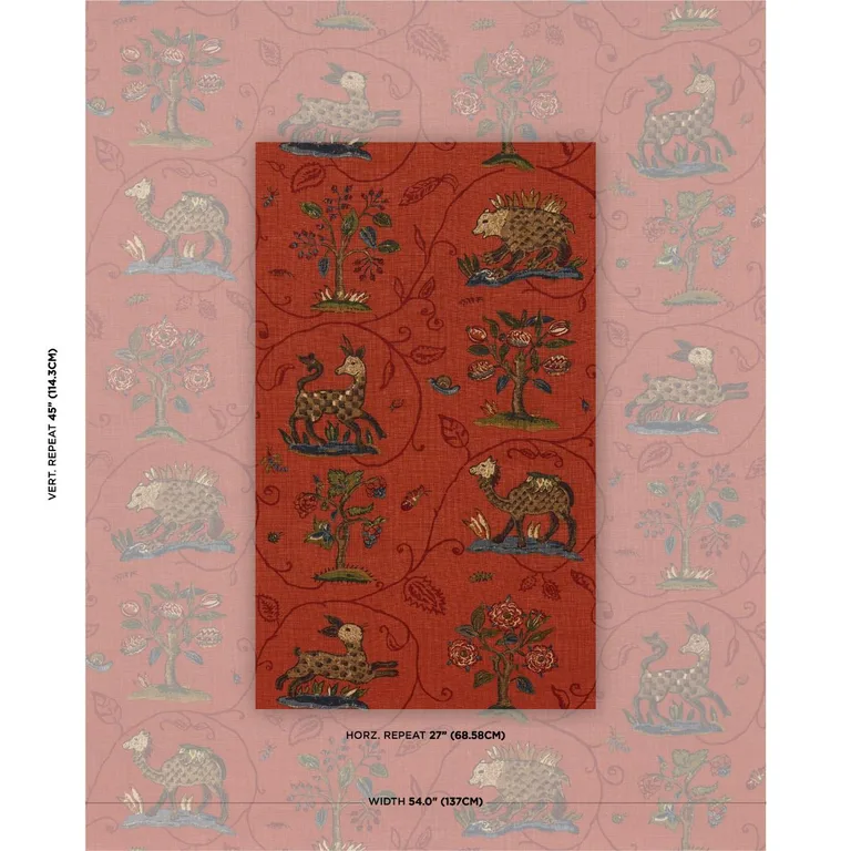 Schumacher 172762 La Menagerie Flame Red fabric swatch