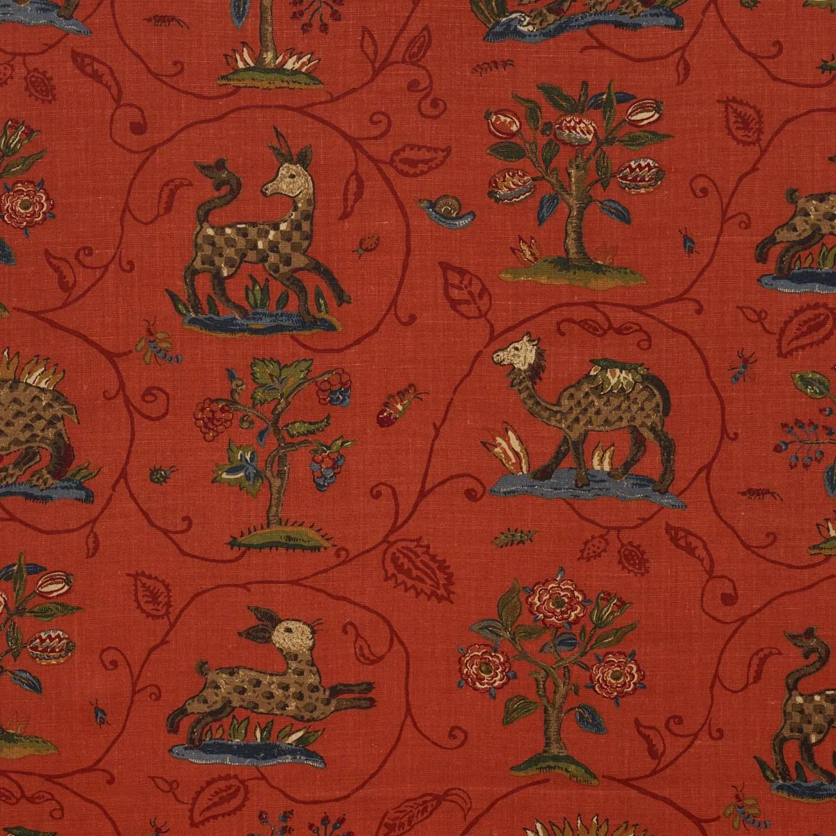 Schumacher 172762 La Menagerie Flame Red fabric swatch