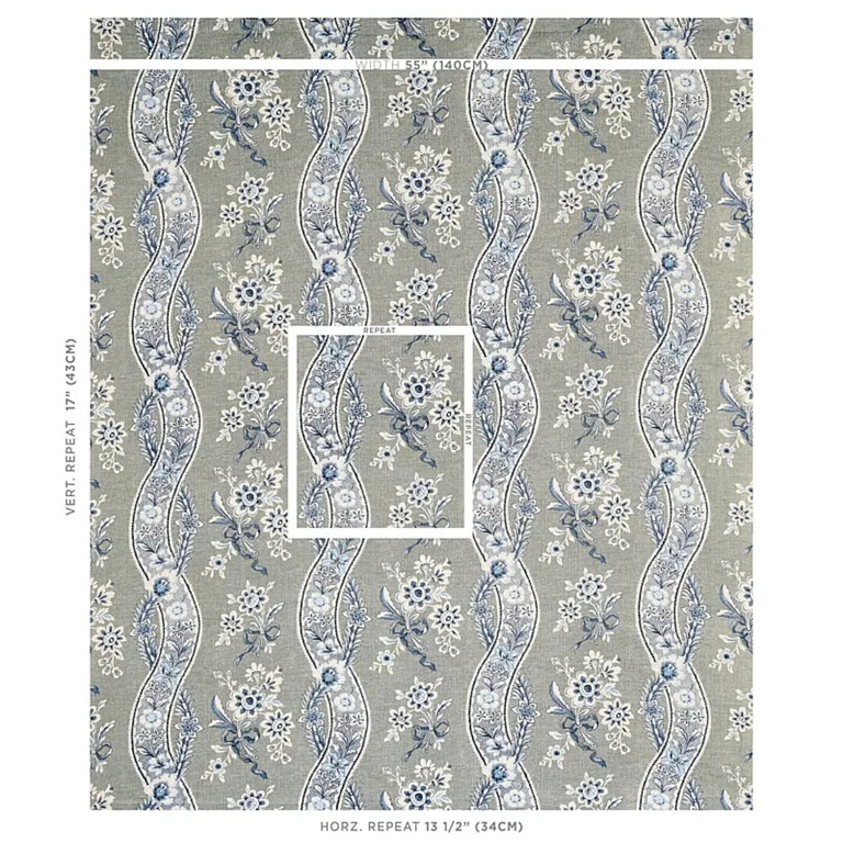 Schumacher 175982 Le Castellet Gris & Bleu fabric swatch