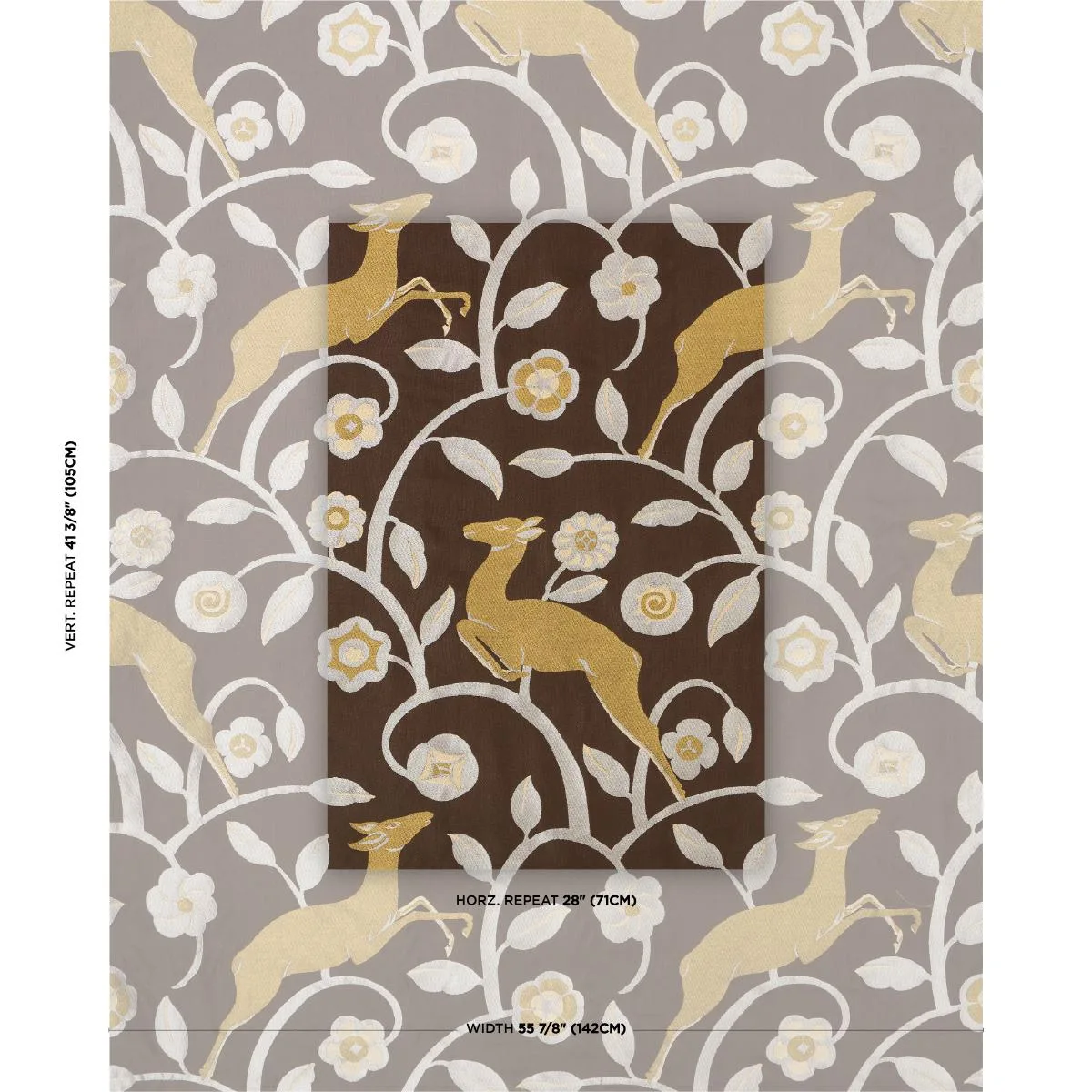 Schumacher 68912 Les Gazelles Au Bois Chocolate fabric swatch