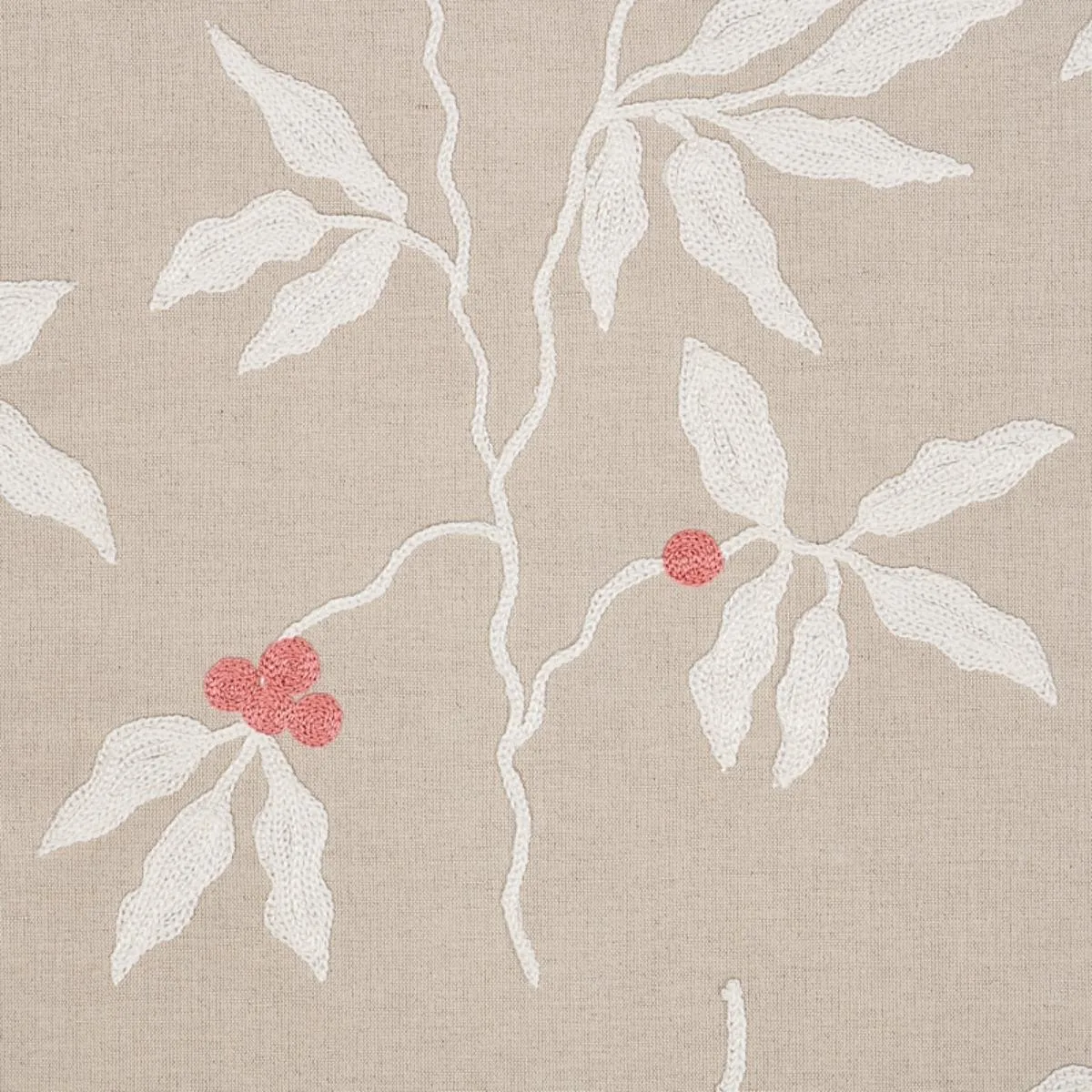 Schumacher 80431 Lilla Embroidery Ivory On Neutral fabric swatch