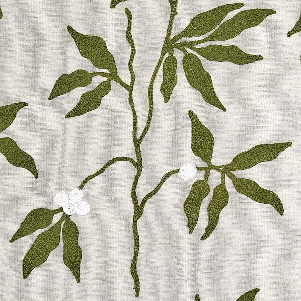 Schumacher 80430 Lilla Embroidery Olive On Neutral fabric swatch
