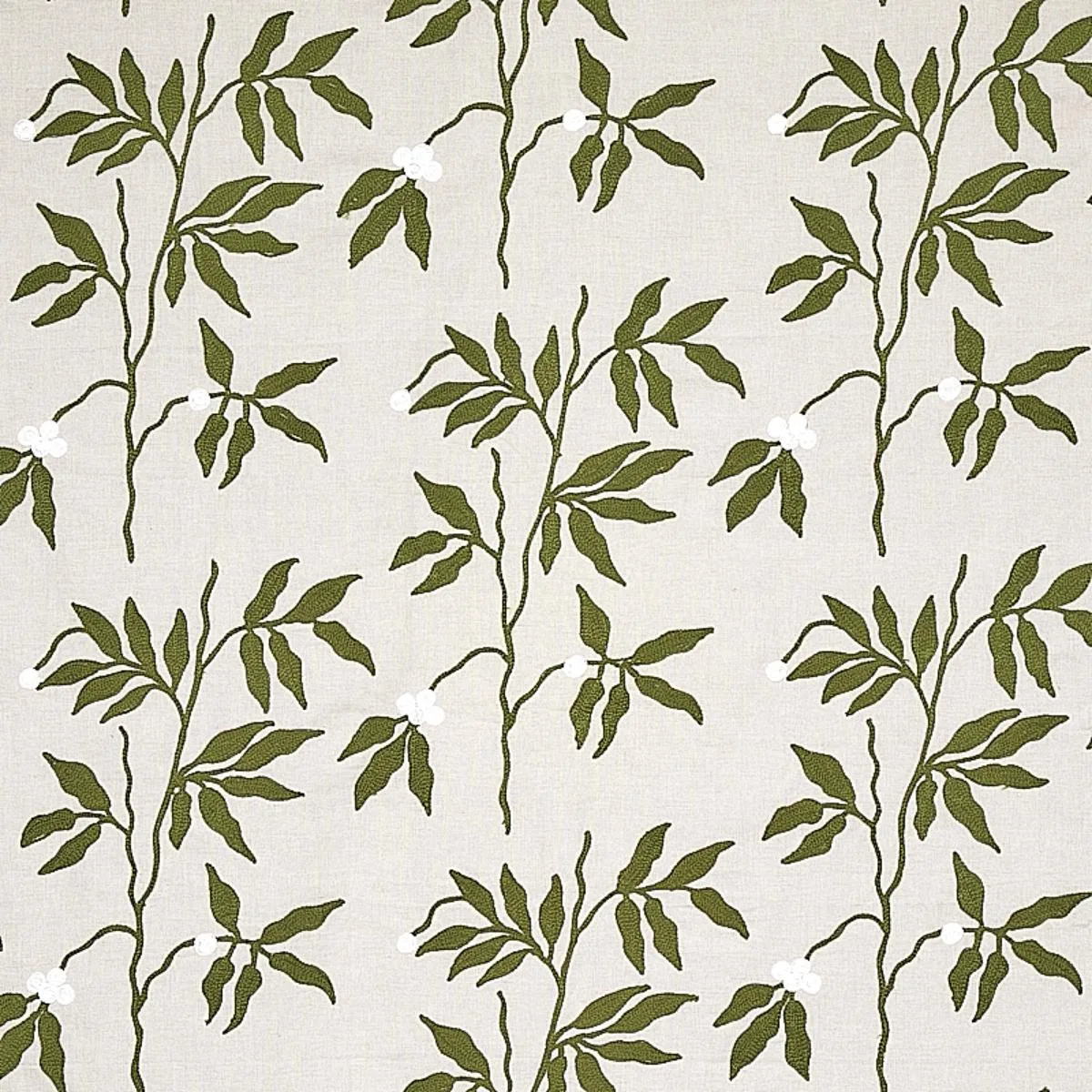 Schumacher 80430 Lilla Embroidery Olive On Neutral fabric swatch