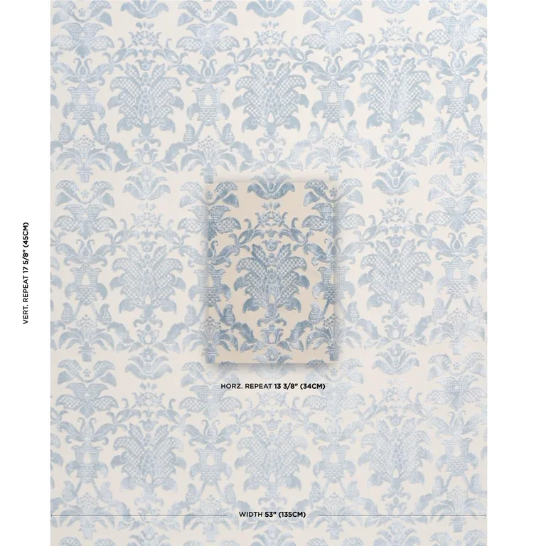 Schumacher 82160 Limbourg Damask Velvet Sky fabric swatch