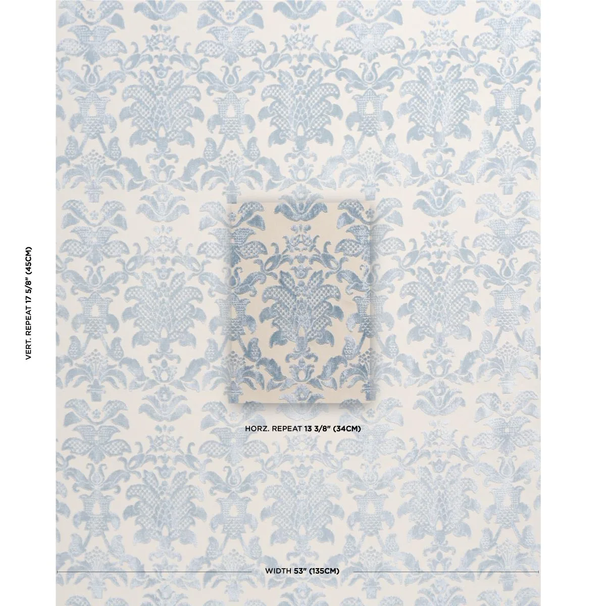 Schumacher 82160 Limbourg Damask Velvet Sky fabric swatch