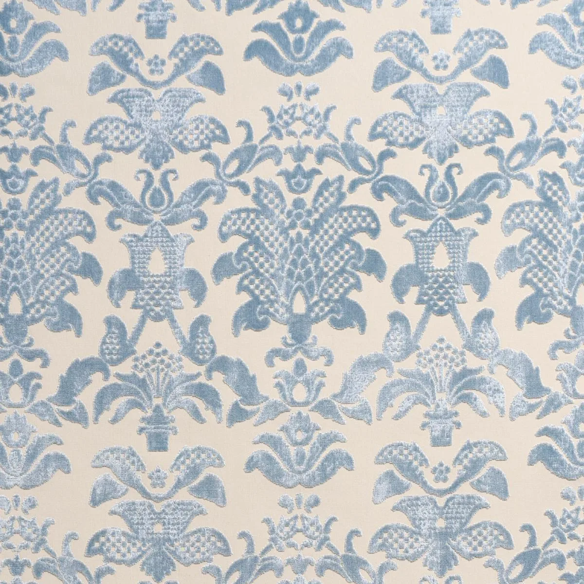 Schumacher 82160 Limbourg Damask Velvet Sky fabric swatch