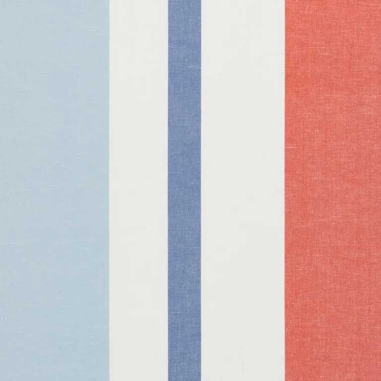 Schumacher 79662 Lolland Linen Stripe Sky & Coral fabric swatch