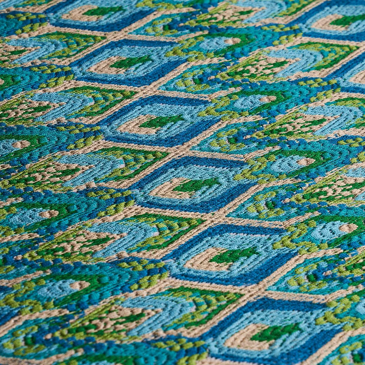 Schumacher 81470 Lorikeet Embroidery Peacock fabric swatch