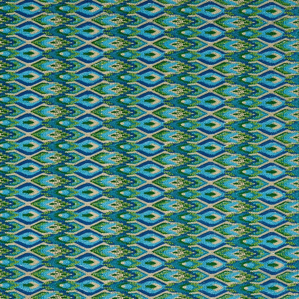 Schumacher 81470 Lorikeet Embroidery Peacock fabric swatch