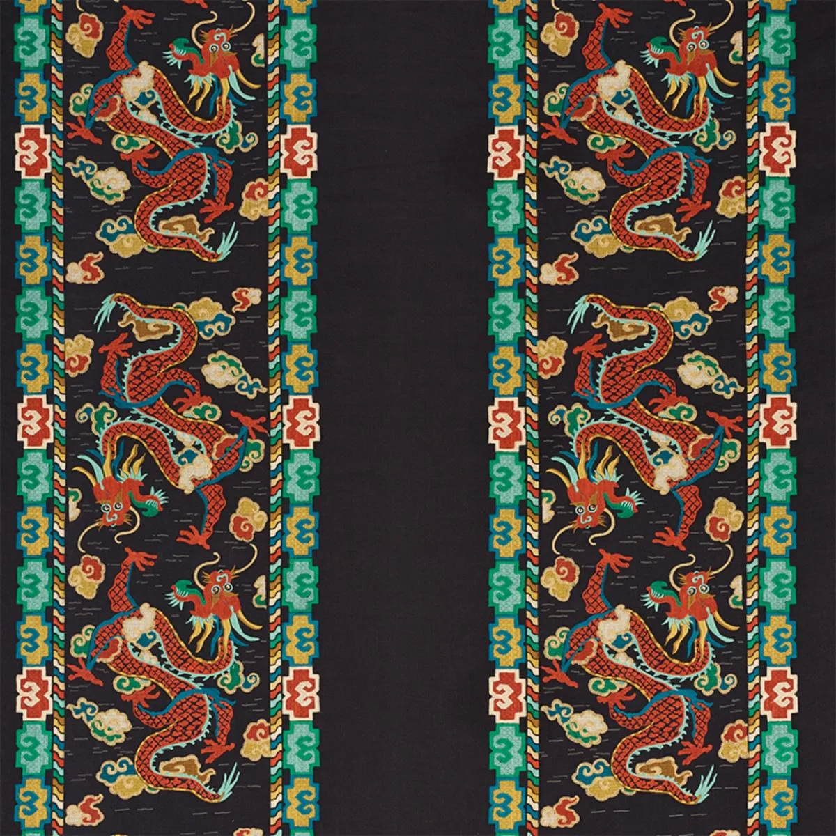 Schumacher 78090 Lotan Dragon Embroidery Black fabric swatch