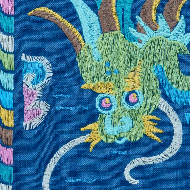 Schumacher 78091 Lotan Dragon Embroidery Blue fabric swatch
