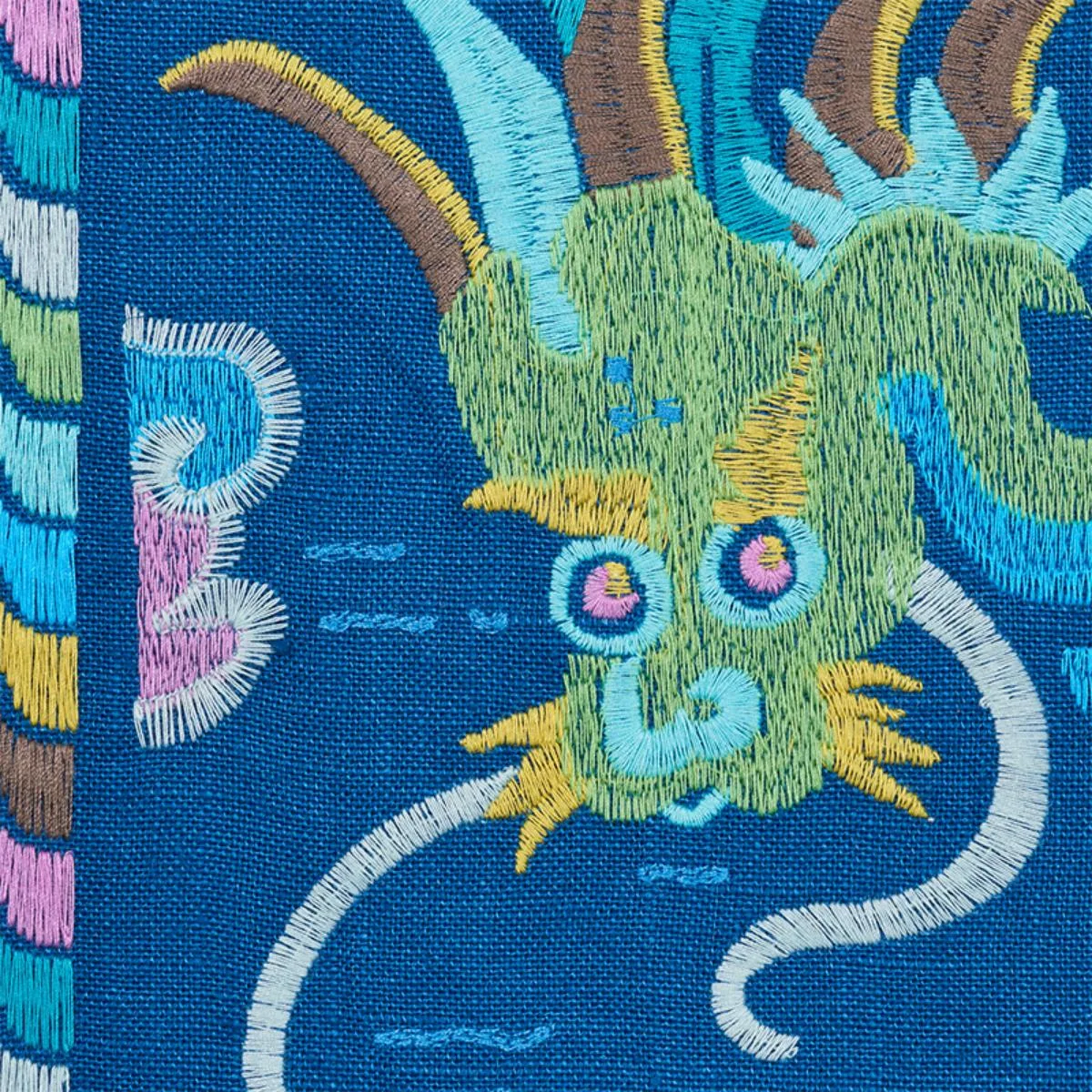 Schumacher 78091 Lotan Dragon Embroidery Blue fabric swatch