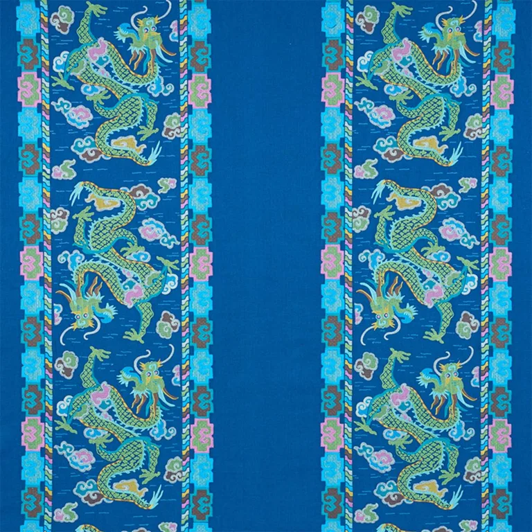 Schumacher 78091 Lotan Dragon Embroidery Blue fabric swatch