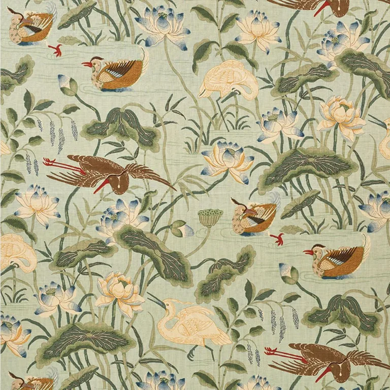 Schumacher 172938 Lotus Garden Aqua fabric swatch