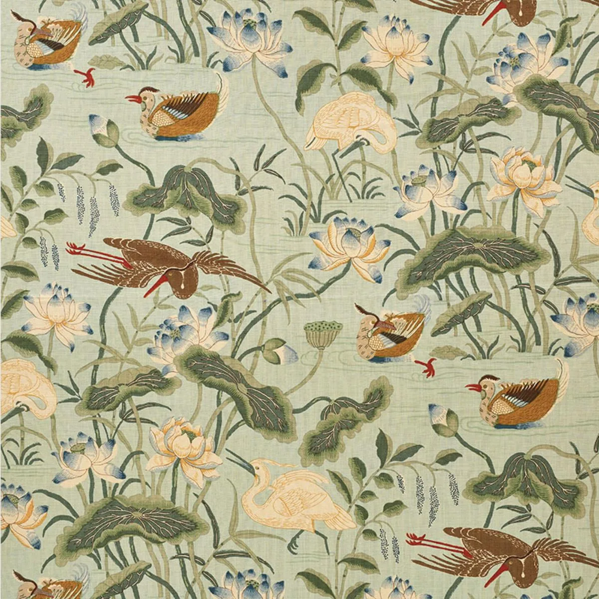 Schumacher 172938 Lotus Garden Aqua fabric swatch