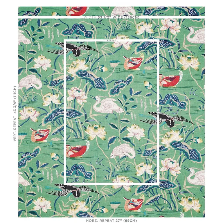 Schumacher 172935 Lotus Garden Jade fabric swatch