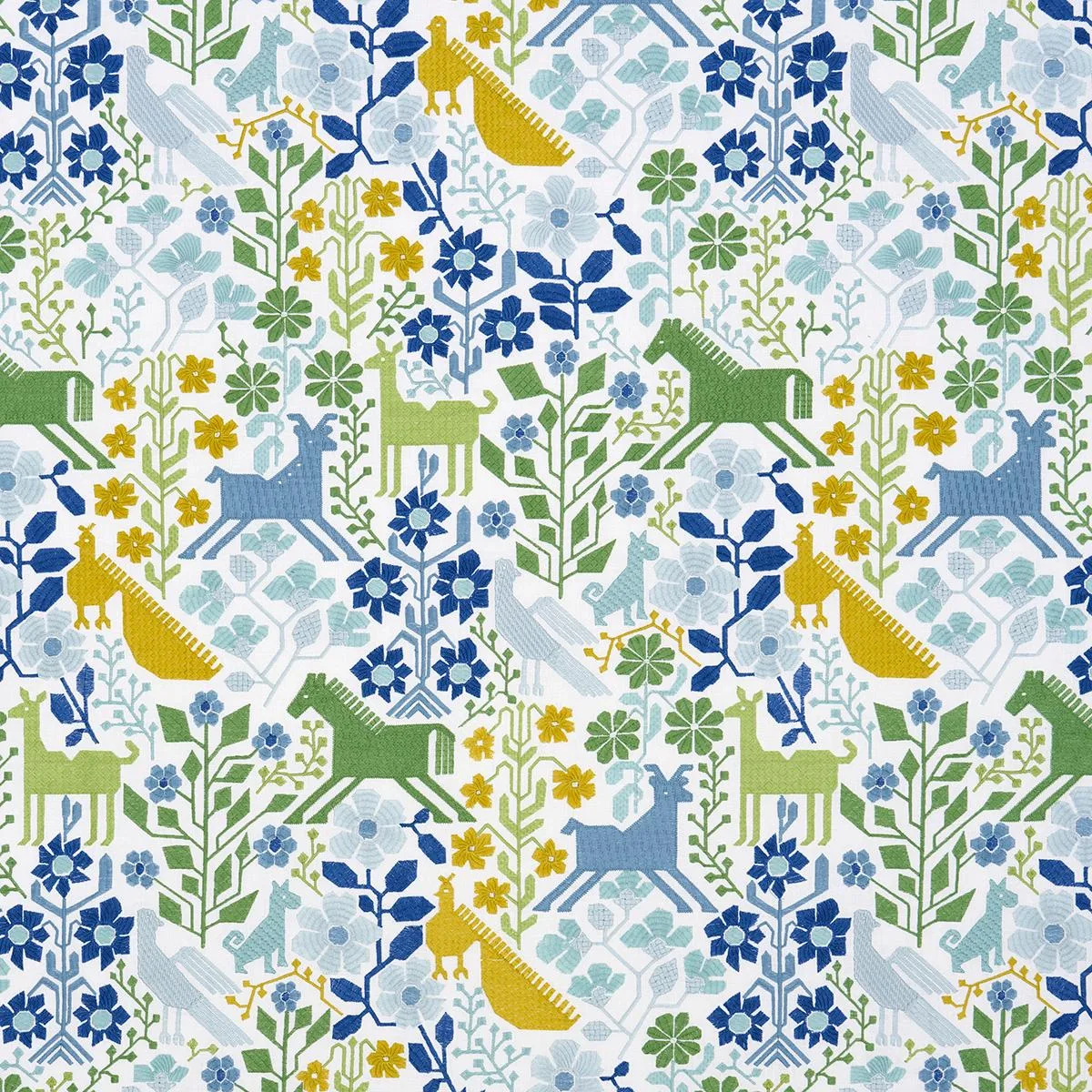 Schumacher 81521 Lupita Embroidery Green & Blue fabric swatch