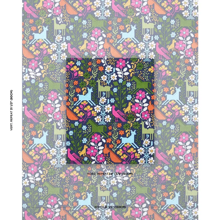 Schumacher 81520 Lupita Embroidery Multi On Navy fabric swatch