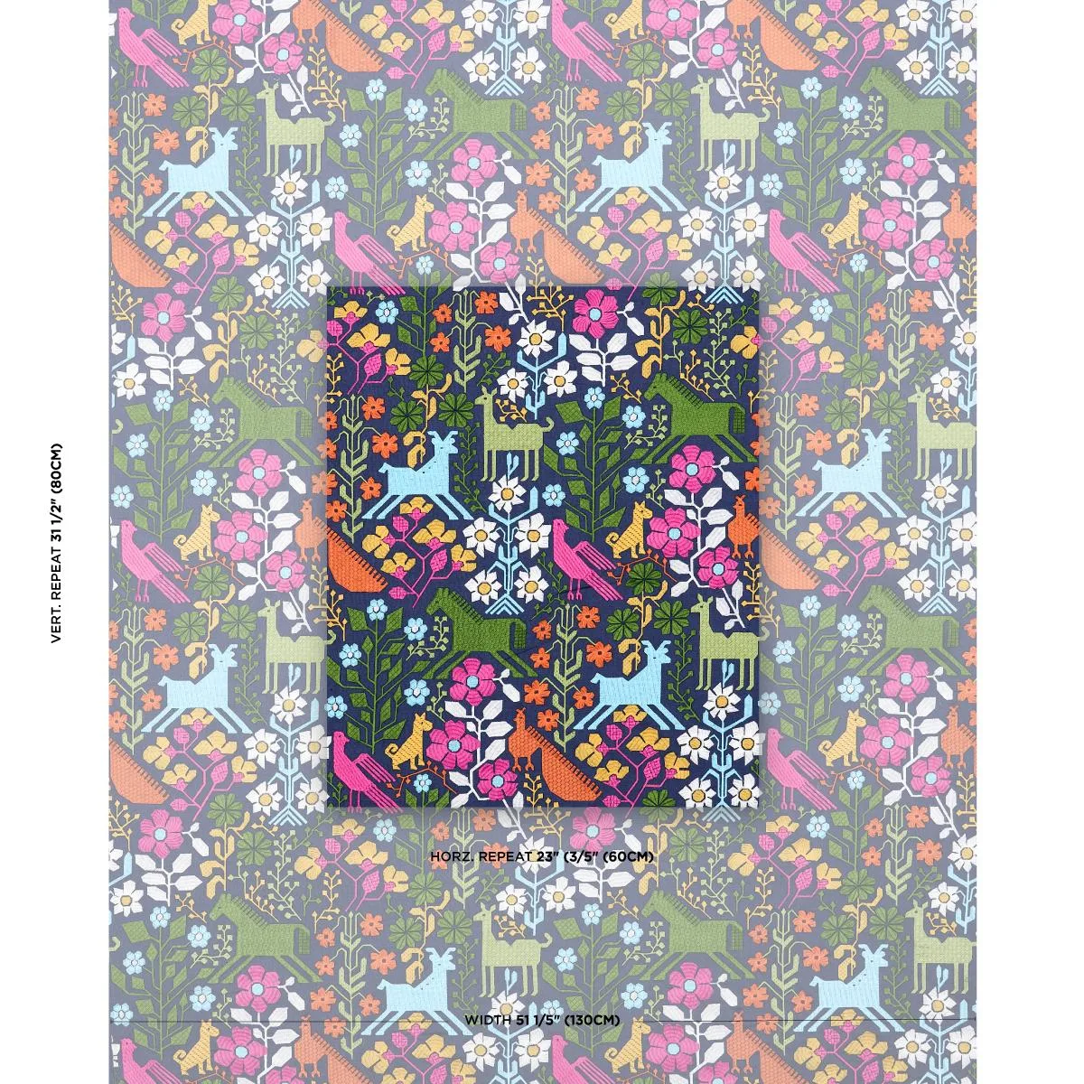 Schumacher 81520 Lupita Embroidery Multi On Navy fabric swatch