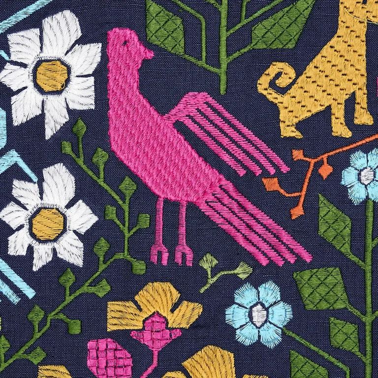 Schumacher 81520 Lupita Embroidery Multi On Navy fabric swatch