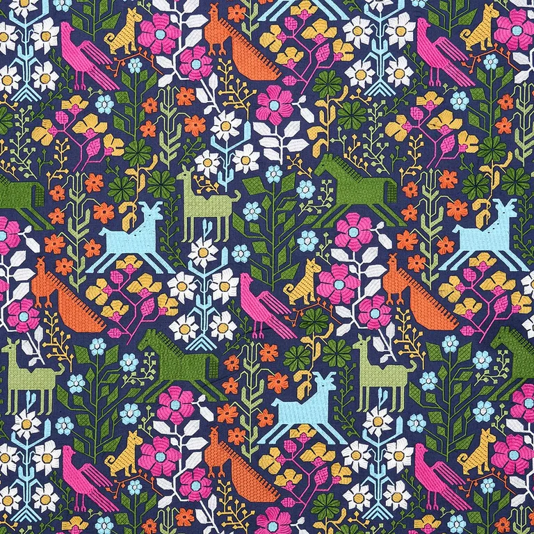 Schumacher 81520 Lupita Embroidery Multi On Navy fabric swatch