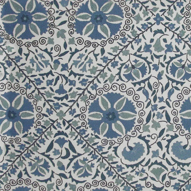Schumacher 1276002 Madura Floral Stitchery Indigo & Ivory fabric swatch