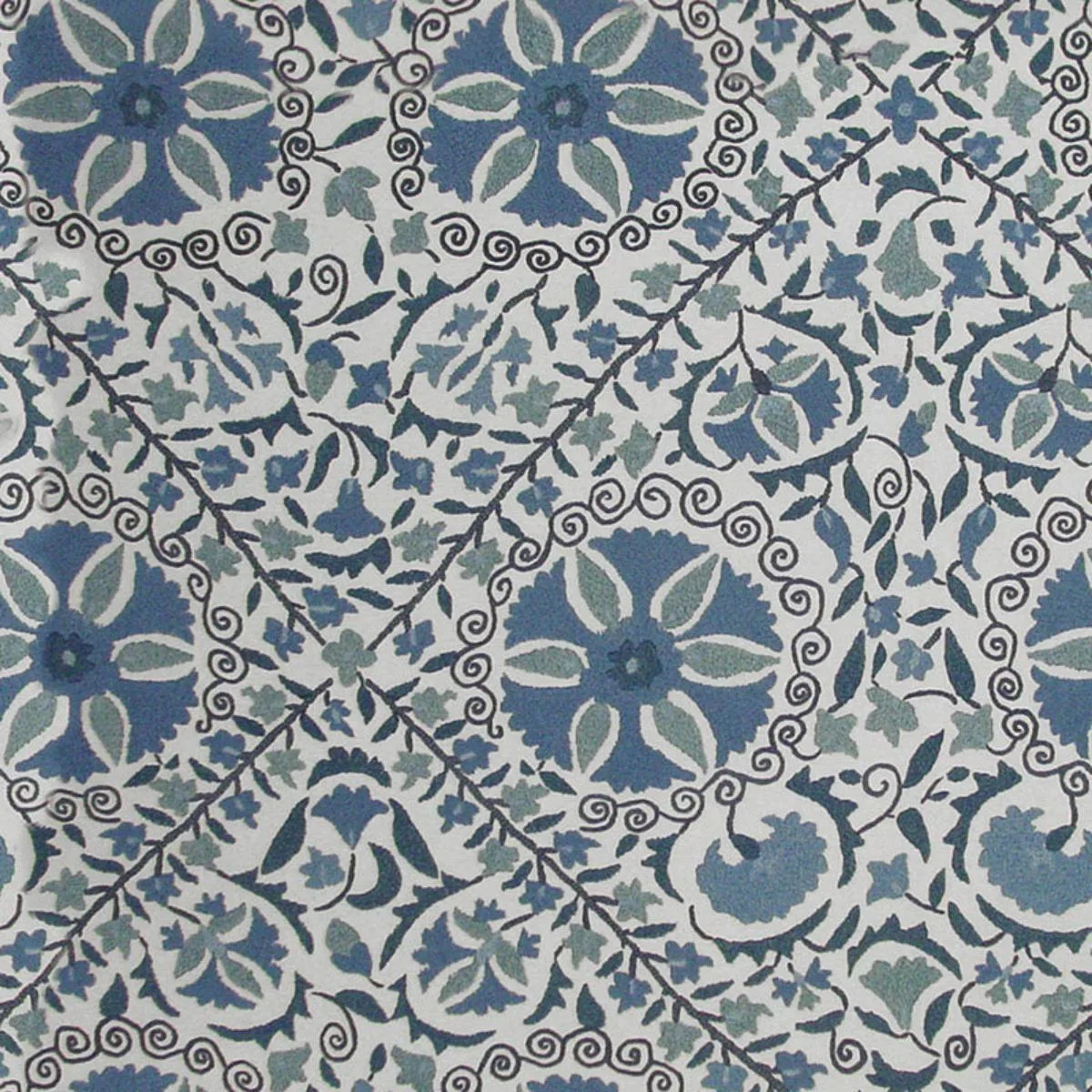 Schumacher 1276002 Madura Floral Stitchery Indigo & Ivory fabric swatch