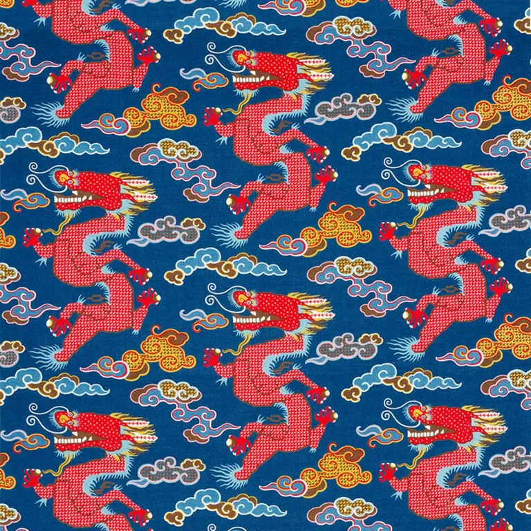 Schumacher 178590 Magical Ming Dragon Navy fabric swatch