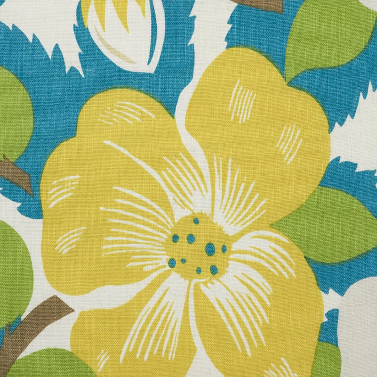 Schumacher 177560 Magnolias Citron & Peacock fabric swatch