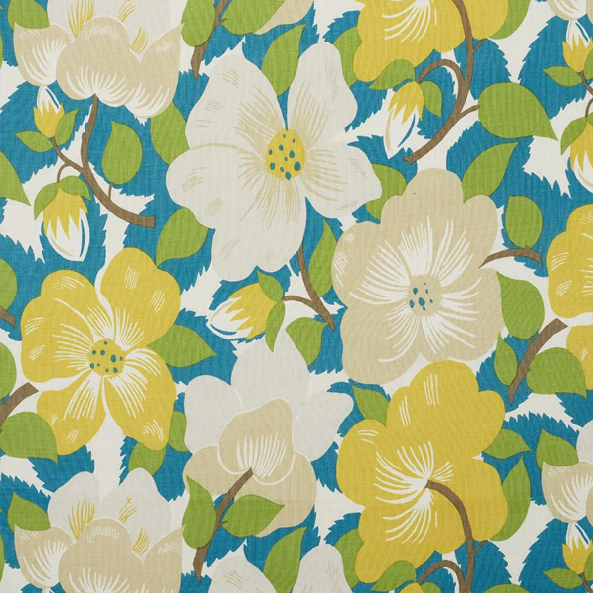 Schumacher 177560 Magnolias Citron & Peacock fabric swatch