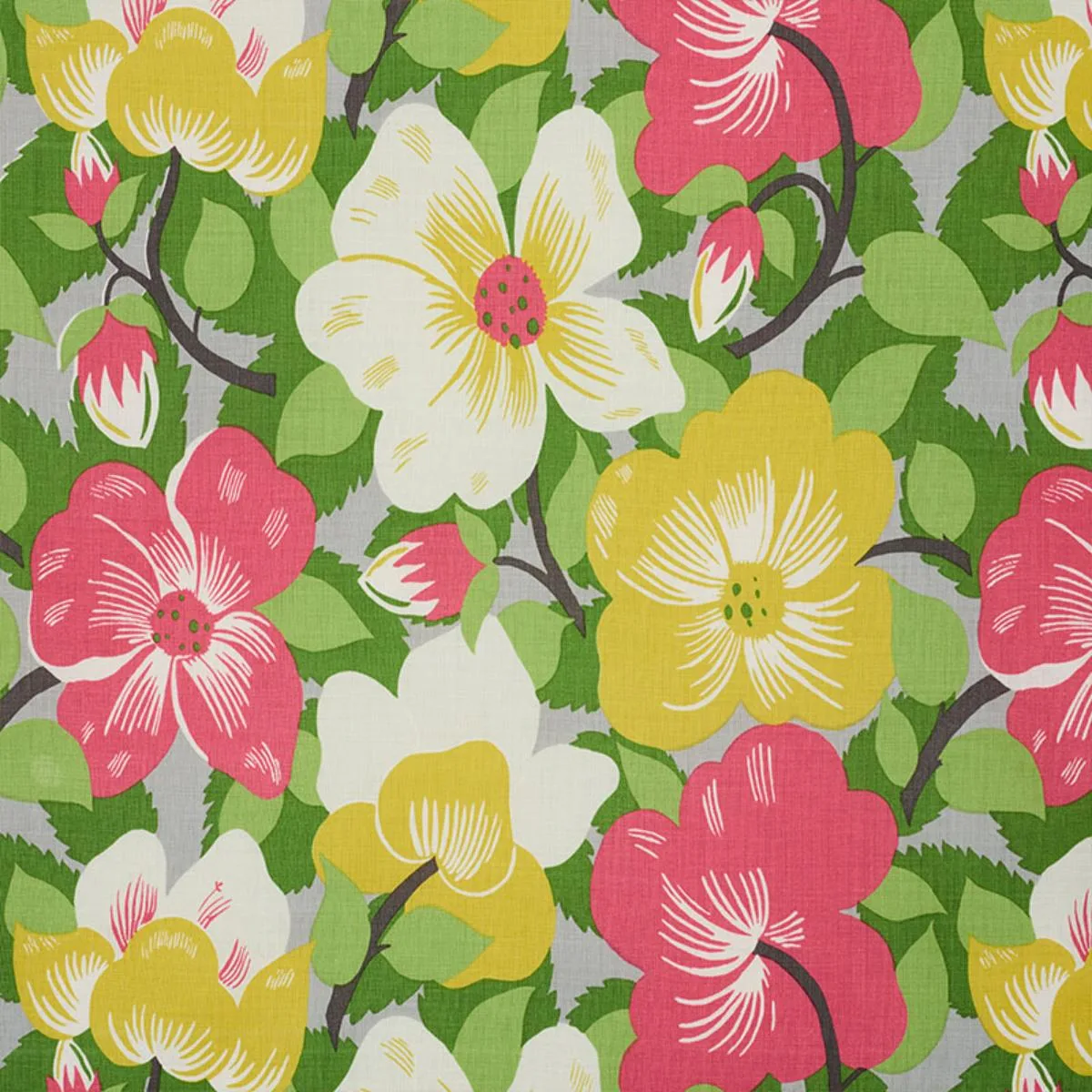 Schumacher 177561 Magnolias Poppy & Yellow fabric swatch