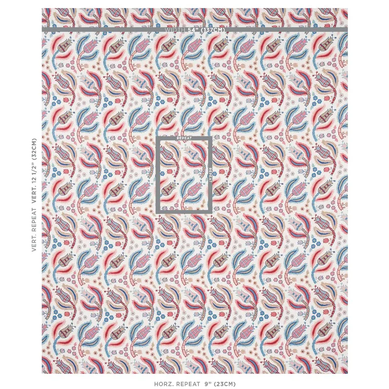 Schumacher 179851 Malabar Vine Sky & Rose fabric swatch