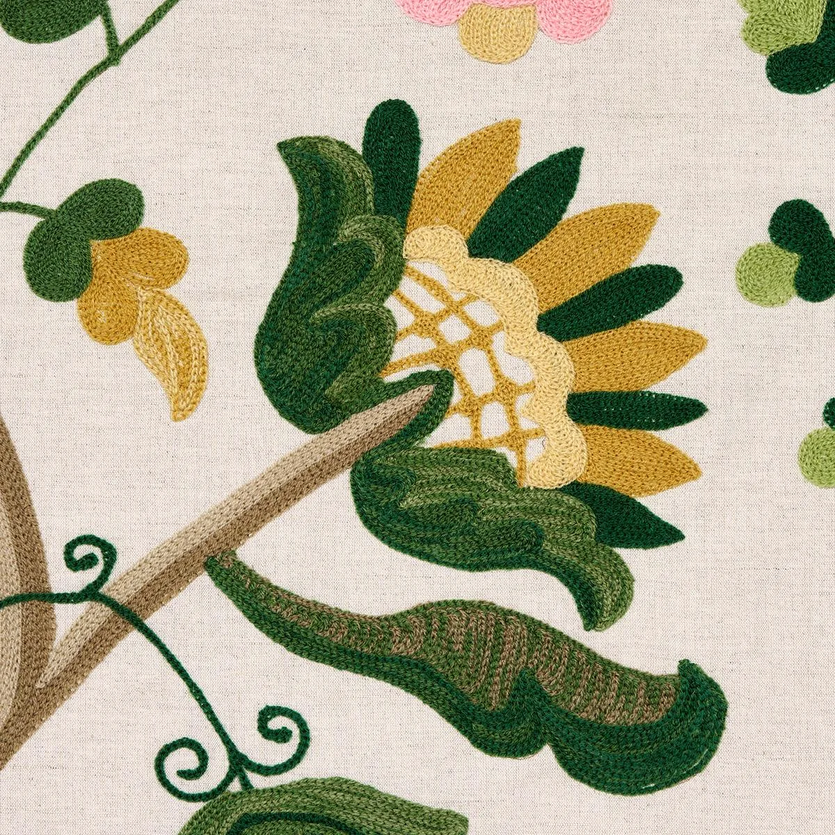 Schumacher 81511 Mandevilla Embroidery Pink & Green fabric swatch