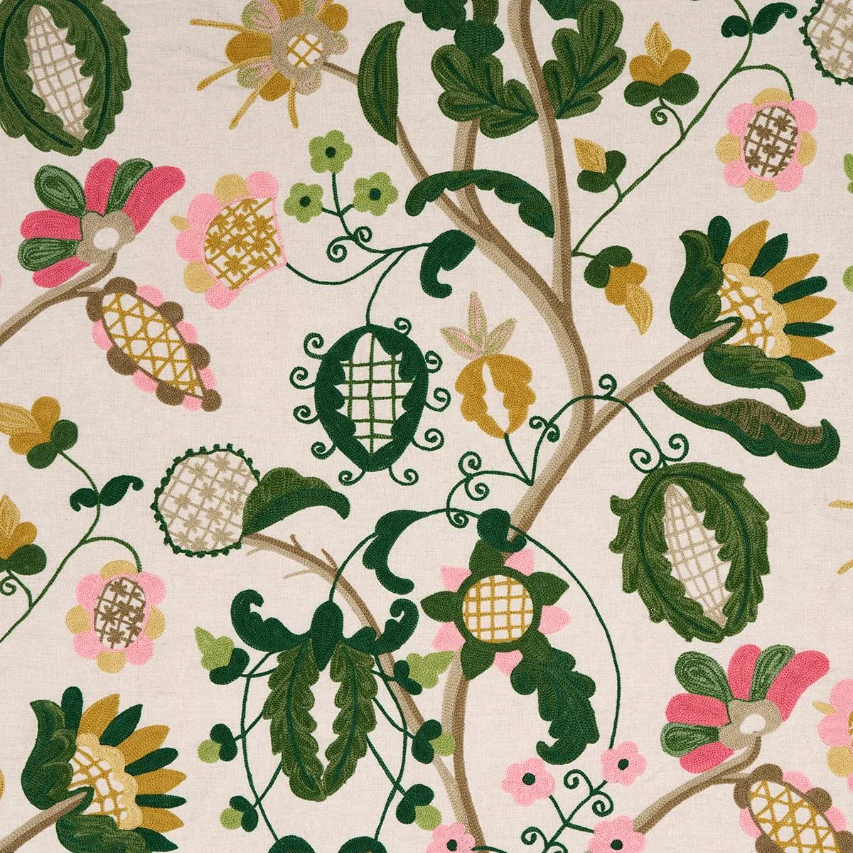 Schumacher 81511 Mandevilla Embroidery Pink & Green fabric swatch