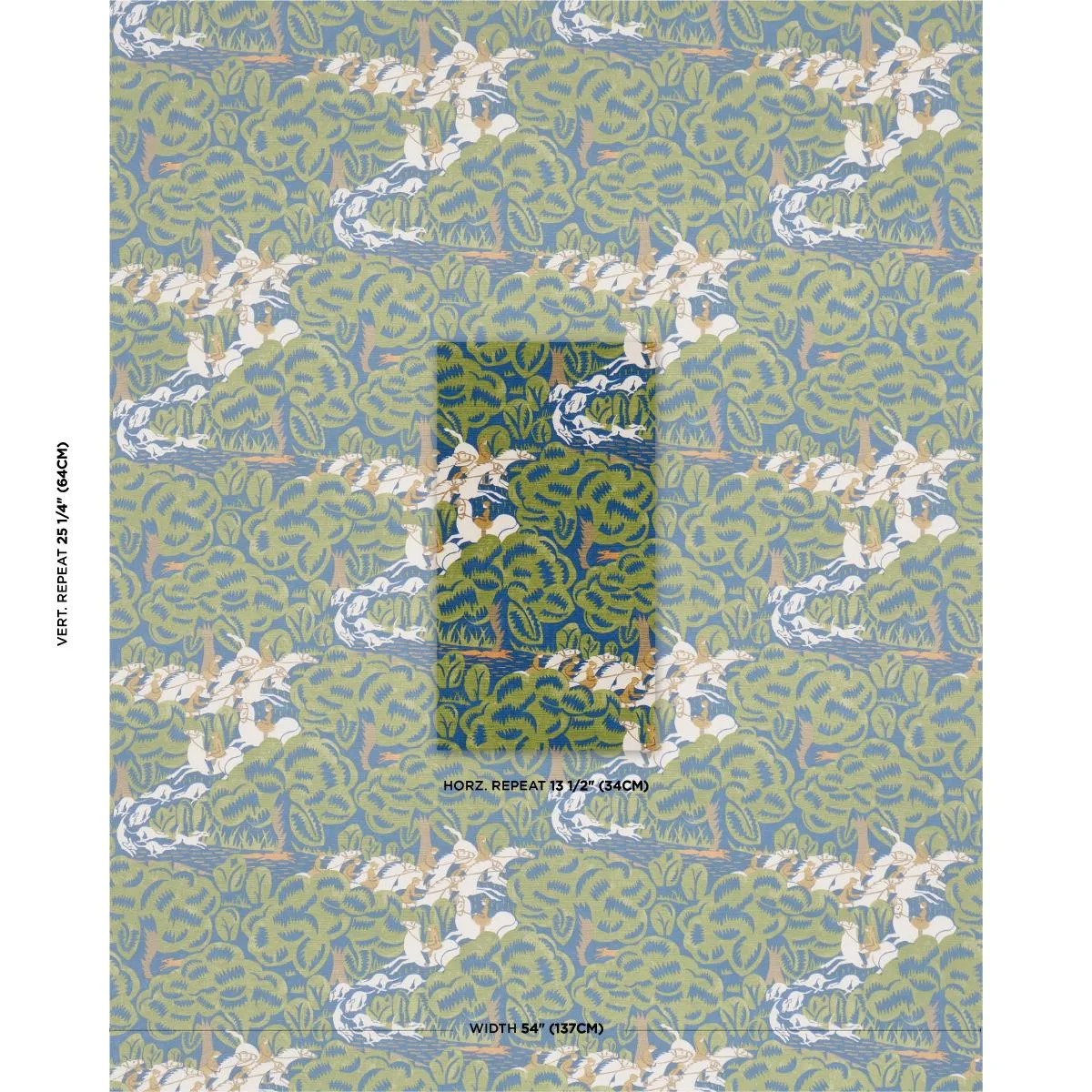 Schumacher 182341 Margaret Schloeman's Fox Chase Navy & Green fabric swatch