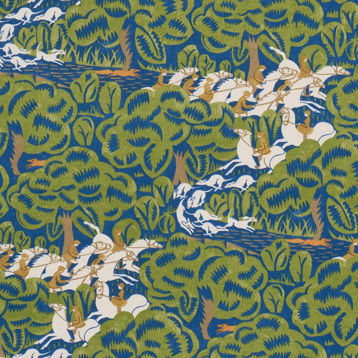 Schumacher 182341 Margaret Schloeman's Fox Chase Navy & Green fabric swatch