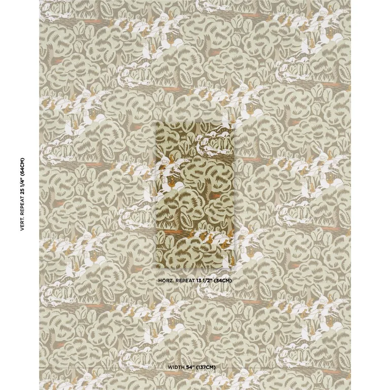 Schumacher 182342 Margaret Schloeman's Fox Chase Sage & Soft Brown fabric swatch